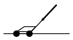 Diagram of a lawn mower, heading left, with arrow following the push bar on back, pointing down & left.